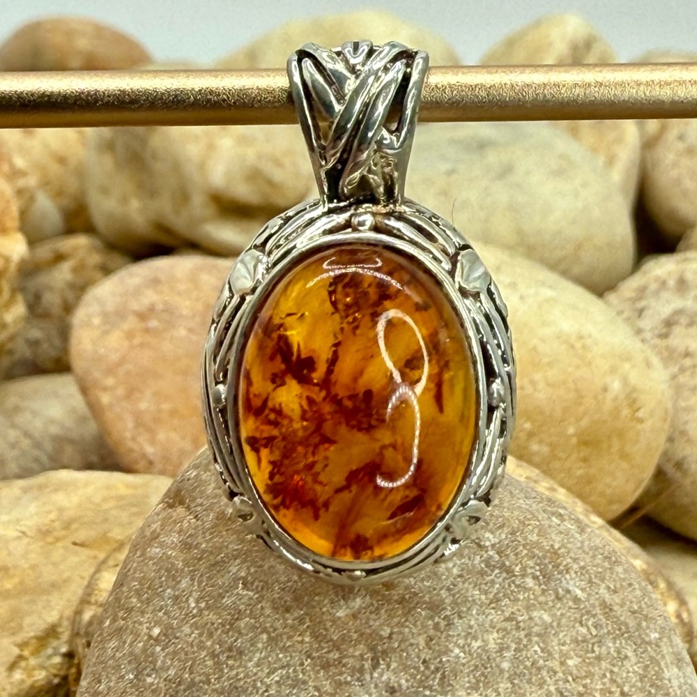 Sterling Silver Amber Pendant Signed M925 Ornate Filigree Artisan Design
